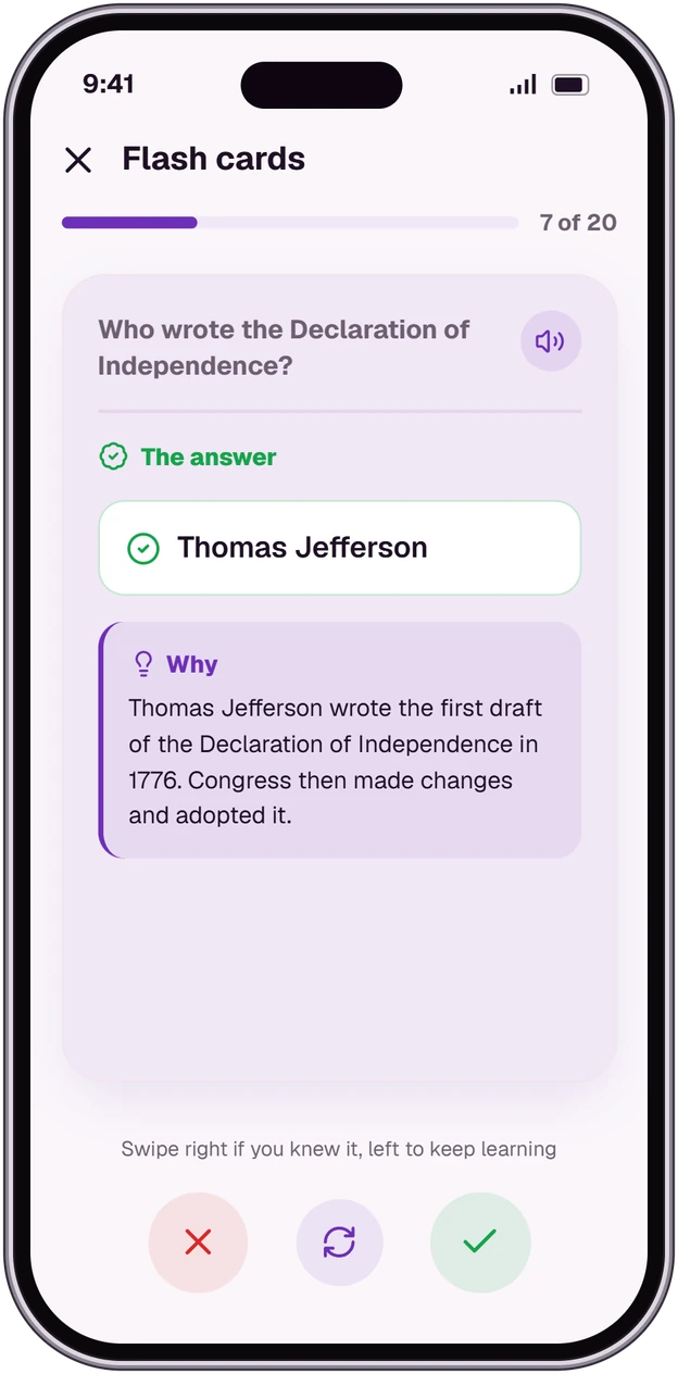 OathCoach flash card showing the answer and why